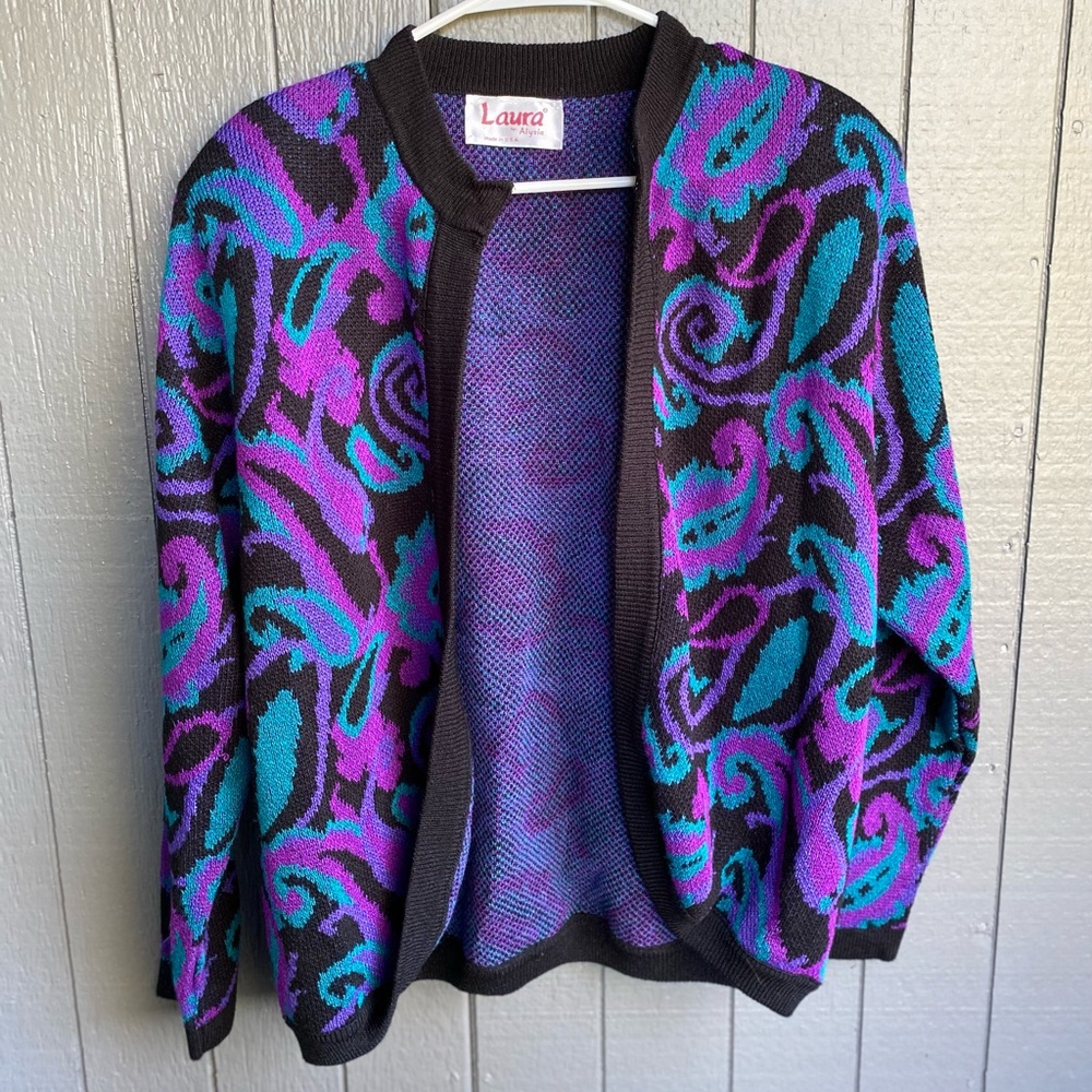 Vintage 80s purple, blue, and black cardigan. Size medium